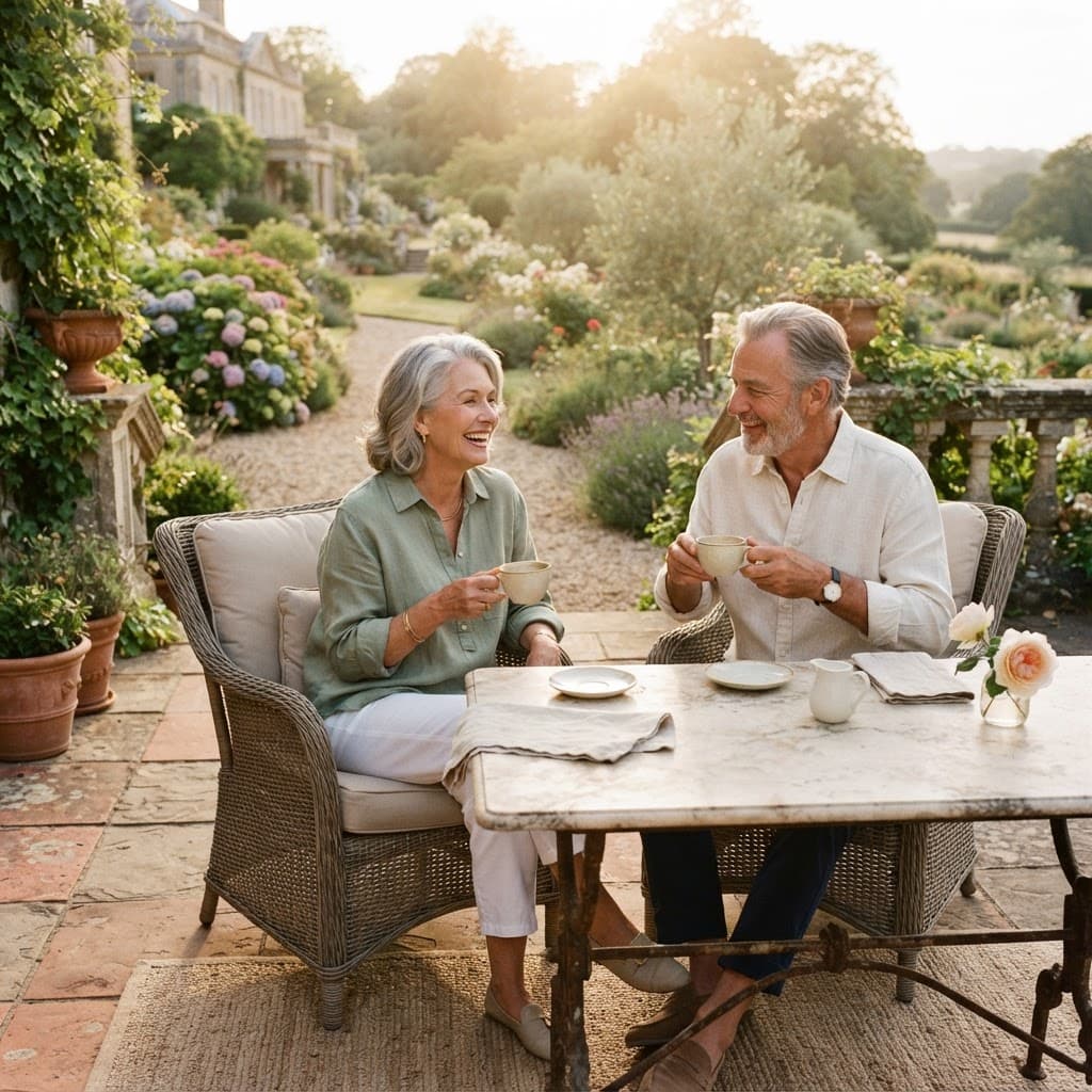 Retired couple sharing tea together in their backyard